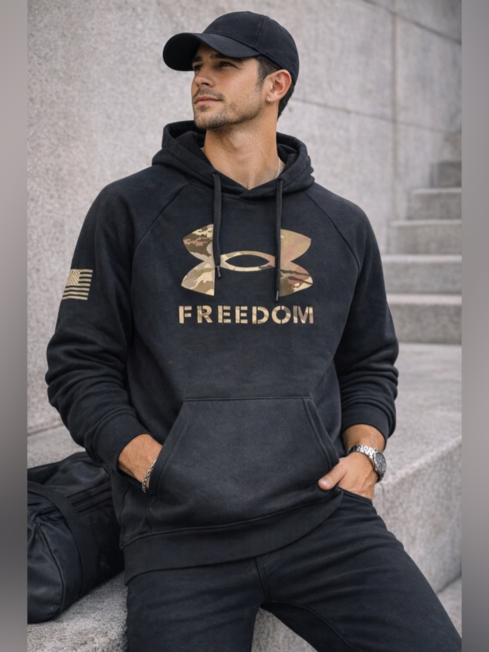 🚨Under Armour Black Hoodie with Camo Freedom Logo